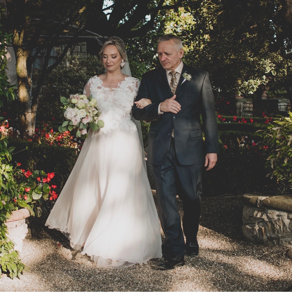 Beautiful Sadoni wedding dress, nude slip with handmade lace and chiffon dress.